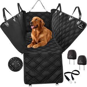 Meadowlark XL Dog Seat Covers Unique Design & Full Car Protection-Doors,Headrests & Backseat. Extra Durable Zippered Side Flap, Waterproof Hammock Pet Seat Cover + Seat Belt & 2 Headrest Protectors (Black)