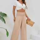 Womens Elastic High Waisted Wide Leg Pants Casual Loose Flowy Palazzo Pant Long Lounge Capri Trousers with Pocket (Beige, M)