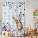 Easter Shower Curtain Bunny Blue Eucalyptus Leaves Bath Curtains Spring Buffalo Plaid Seasonal Waterproof Polyester Fabric Bathroom Shower Curtain Set with 12 Hooks Decoration 72 x 72 Inches