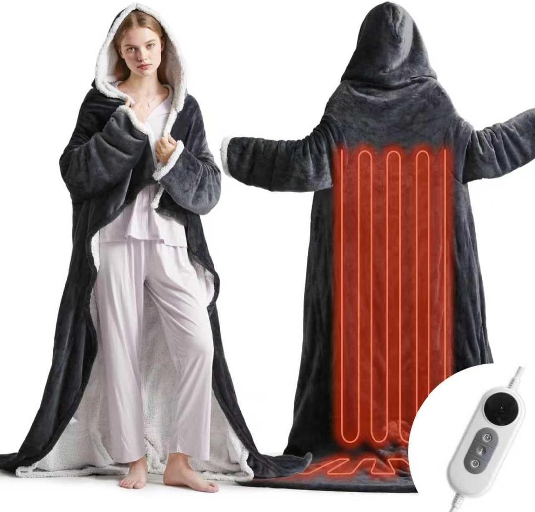 Wearable Heated Blanket Electric Throw Blanket, 10 Heat Settings & 12H Timer, 50''x77'' Portable Heated Blankets, Warm Robe Flannel & Sherpa Heated Throw Wrap Shawl, Wearable for Home Office, Grey