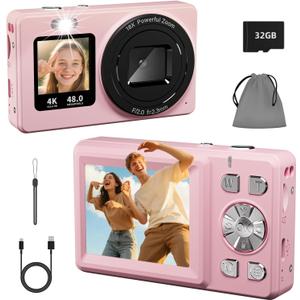 Digital Camera, 4K 48MP Autofocus Dual Screen for Selfies, 18X Zoom Fill Light, Portable Point and Shoot Travel Camera with 32GB SD Card for Kids, Teens, Girls, Boys- Pink