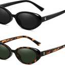 Retro Oval Sunglasses for Women Men Fashion Small Oval Sunglasses 90s Vintage Shades (2 Pack (A1 Black/Grey+ Leopard/G15))