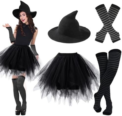 Ibeauti Halloween Witch Costumes for Women Girls Gothic Cosplay Witch Hat Tutu Skirt Striped Knee High Socks Arm Warmers Set