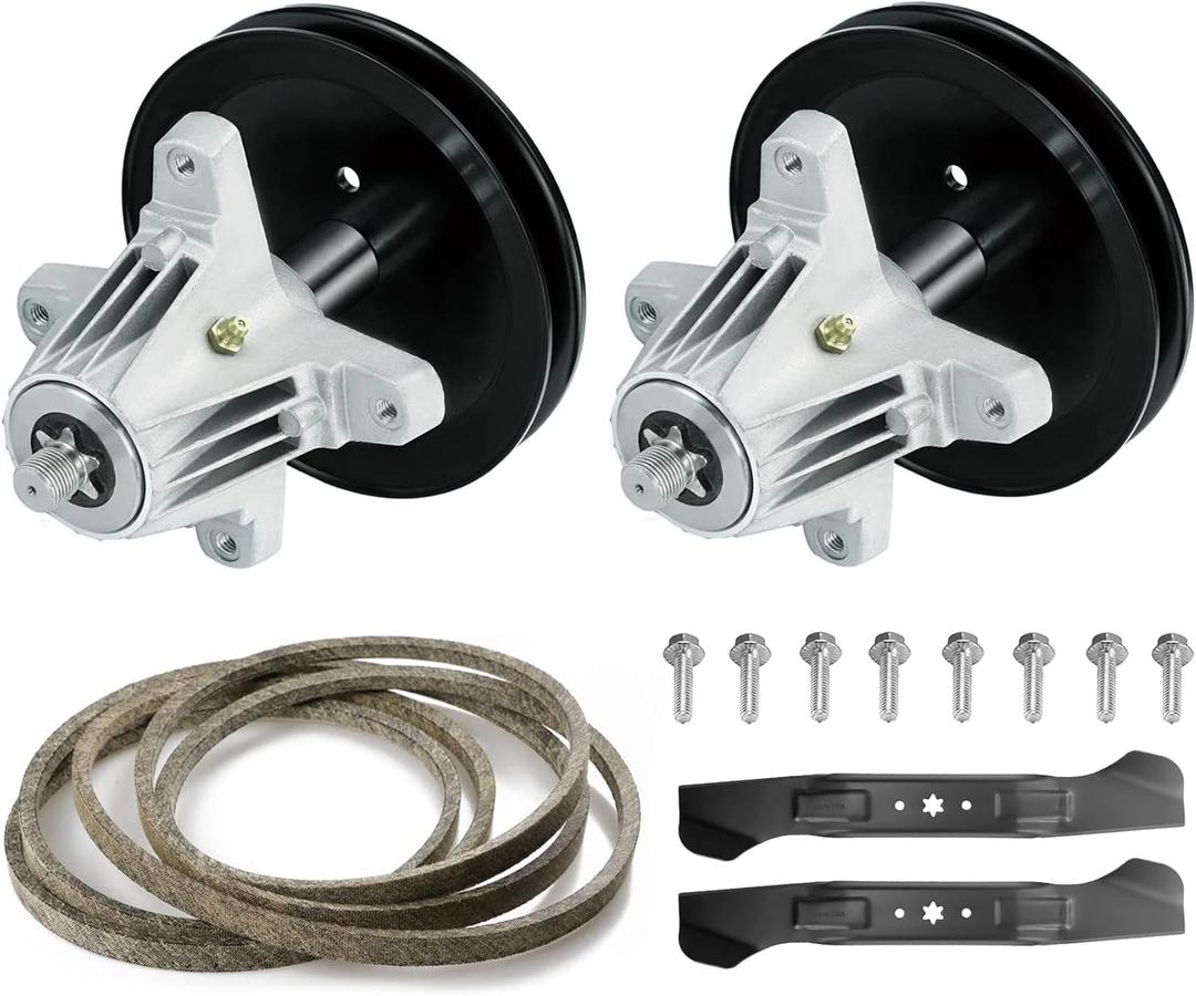 46" Deck Lawn Mower Rebuild Kit, Includes 2 Spindles with Pulleys for MTD 618-06989 918-06989,2 Blades for 742-04244 742-04290,1 103 1/4" Belt 754-04219 954-04219 46" Deck Lawn Mower Rebuild Kit, Includes 2 Spindles with Pulleys for MTD 618-06989 918-06989,2 Blades for 742-04244 742-04290,1 103 1/4" Belt 754-04219 954-04219
