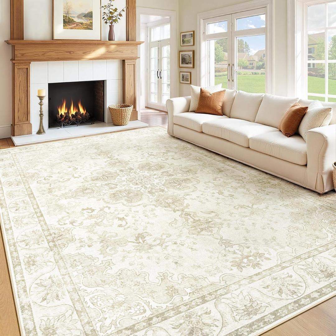 Washable Rug 8x10 Area Rugs: Large Vintage Floral Soft Rug Non Slip Low Pile Stain Resistant Carpet for Living Room Bedroom Dining Room Office Playroom (Beige, 8'x10')