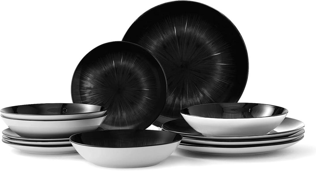 Bestone 12 Piece Round Kitchen Dinnerware Sets,Plates and Bowls sets,Dishes, Plates, Bowls, Dish SetPlates and Bowls,Service for 4, Chip Resistant Porcelain Starburst Turquoise Black