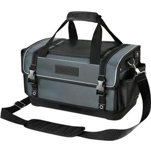 Heavy Duty Tool Bag with Wide Mouth, Full-Open Tool Bag, Tool Box Organizer Storage, Tool Tote with Adjustable Shoulder Strap, Portable, Waterproof, Multi-Pockets, Molded Base, Blue-grey