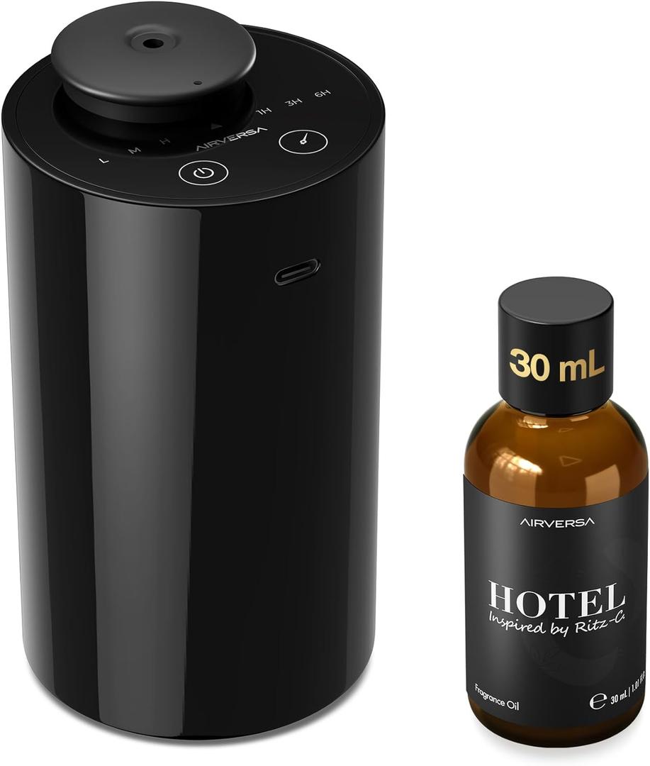 Airversa Waterless Essential Oil Diffuser Starter Kit with 30mL Hotel Fragrance Oil Inspired by Ritz-C., Battery Operated Car Diffuser, Portable Aroma Nebulizer for Home Car Office, AN6Kit-2, Black (Aan6b-htl-rz30)