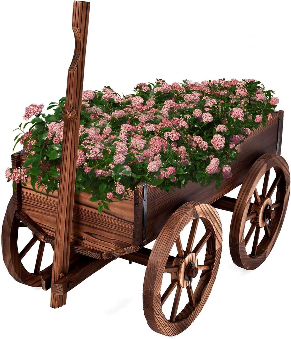 Wood Wagon Planter Box, Rustic Decorative Wooden Garden Planter Flower Pot Cart Stand Display with Wheels & Handle Indoor Outdoor Decor for Herb Vegetable Patio Backyard Balcony (1 PCS, Movable)