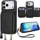 Bocasal RFID Blocking Wallet Case for iPhone 17 Pro Max, Adjustable Crossbody Zipper Purse Case Card Holder with Kickstand Detachable Wrist Strap, PU Leather Flip Folio Case 6.9 Inch 5G (Black)