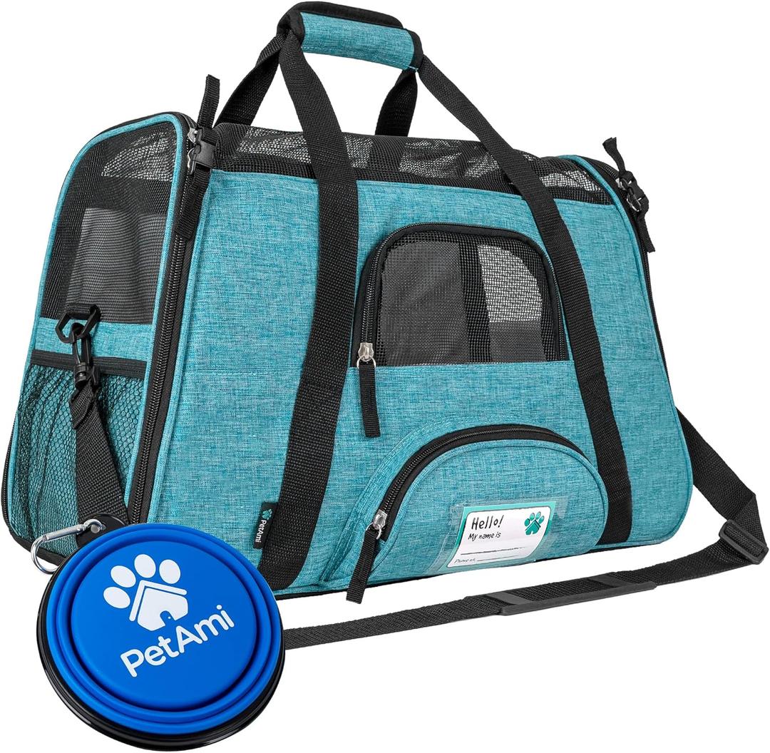 PetAmi Airline Approved Pet Carrier for Cats & Small Dogs, Soft Sided TSA Travel Carrier Bag Sherpa Bed, Breathable Mesh Ventilation, Collapsible Bowl, Fit Under Seat, Up to 18 lbs, Small Heather Blue