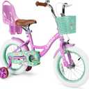 RULLY 12 14 16 Inch Girls Bike with Doll Seat Basket and Training Wheels for 2-6 Years Children