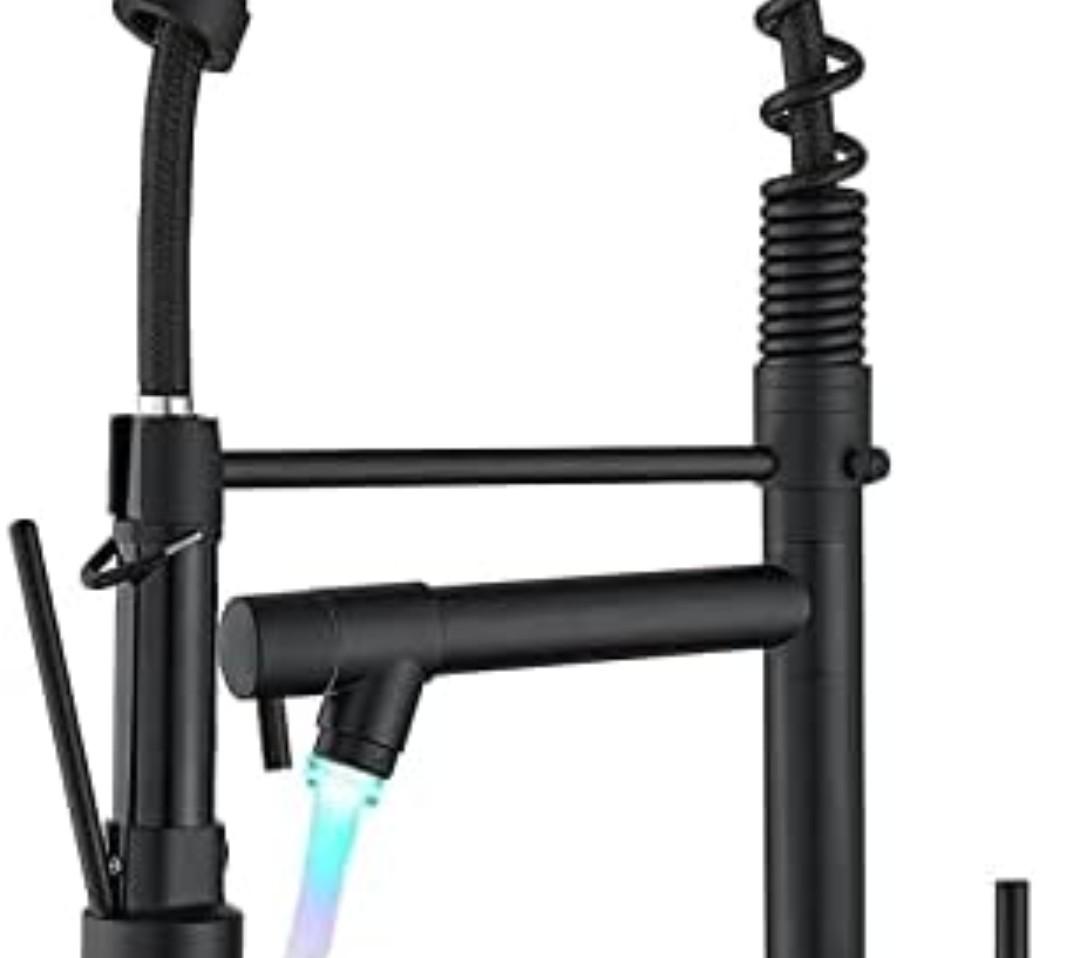 BESy 20 Inch Black Kitchen Faucet with Pull Down Sprayer, Dual Morden Commercial Rv Single Handle Single Hole Double Spout LED Spring Kitchen Sink Faucet with Pot Filler, Matte Black