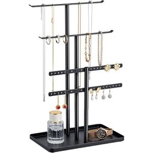 pickpiff Jewelry Stand Organizer, 14.5" Tall Sturdy Metal, 3-Tier Jewelry Holder for Necklace, Earring, Bracelet, Ring, Hanger for Display and Storage, Aesthetic Room Decor, Black