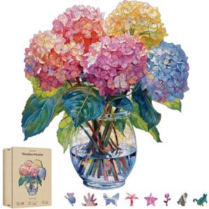 300 Pieces Flowers Wooden Puzzles for Adults, Hydrangea Unique Shaped Wooden Jigsaw Puzzles for Adults, Irregular Adult Wood Puzzle Creative Gift for Family Game