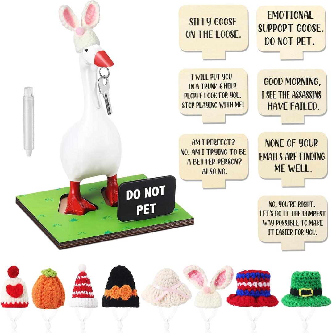 17 Pcs Magnetic Goose Key Holder Resin Goose Statue with Mini Hats Writable Interchangeable Signs Desk Decor(Holiday)