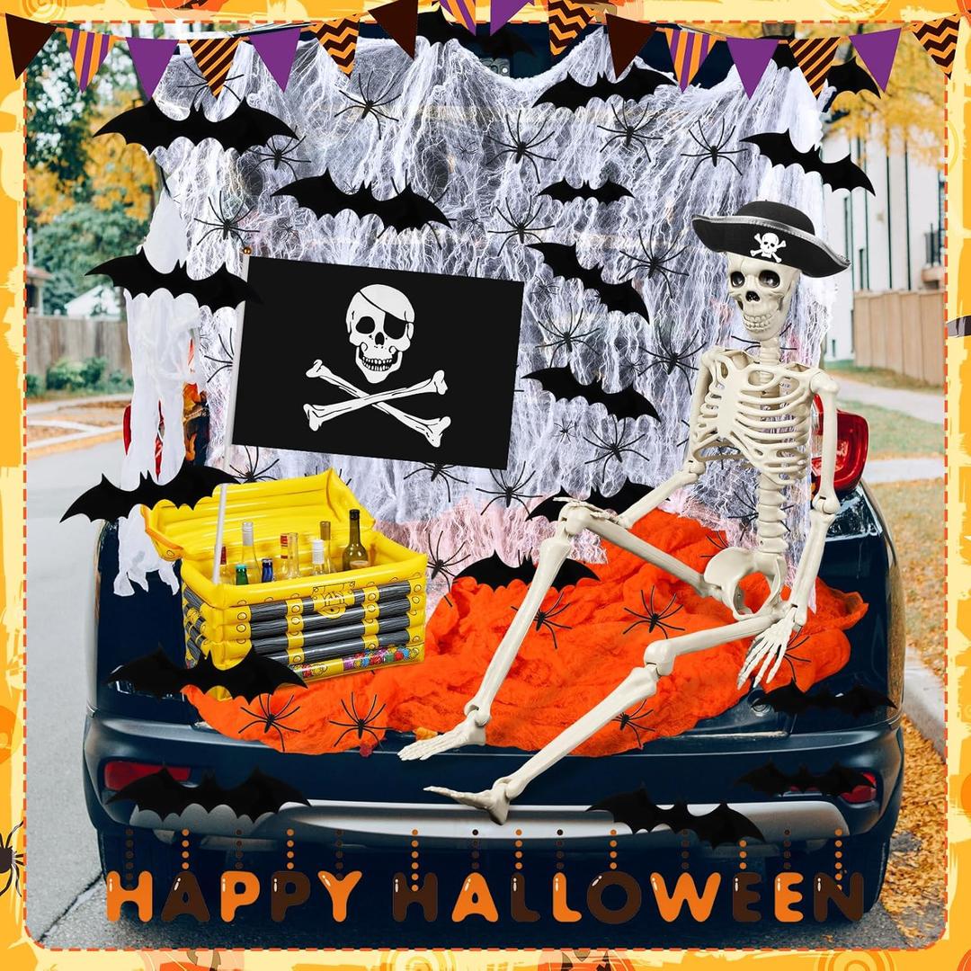73 Pcs Pirate Trunk or Treat Car Decoration Kit Halloween Pirate Birthday Party Decoration Full Skeleton with Hat Flag 2 Spider Web with 40 Spider 28 Bat for SUV Home Archway Garage Decor
