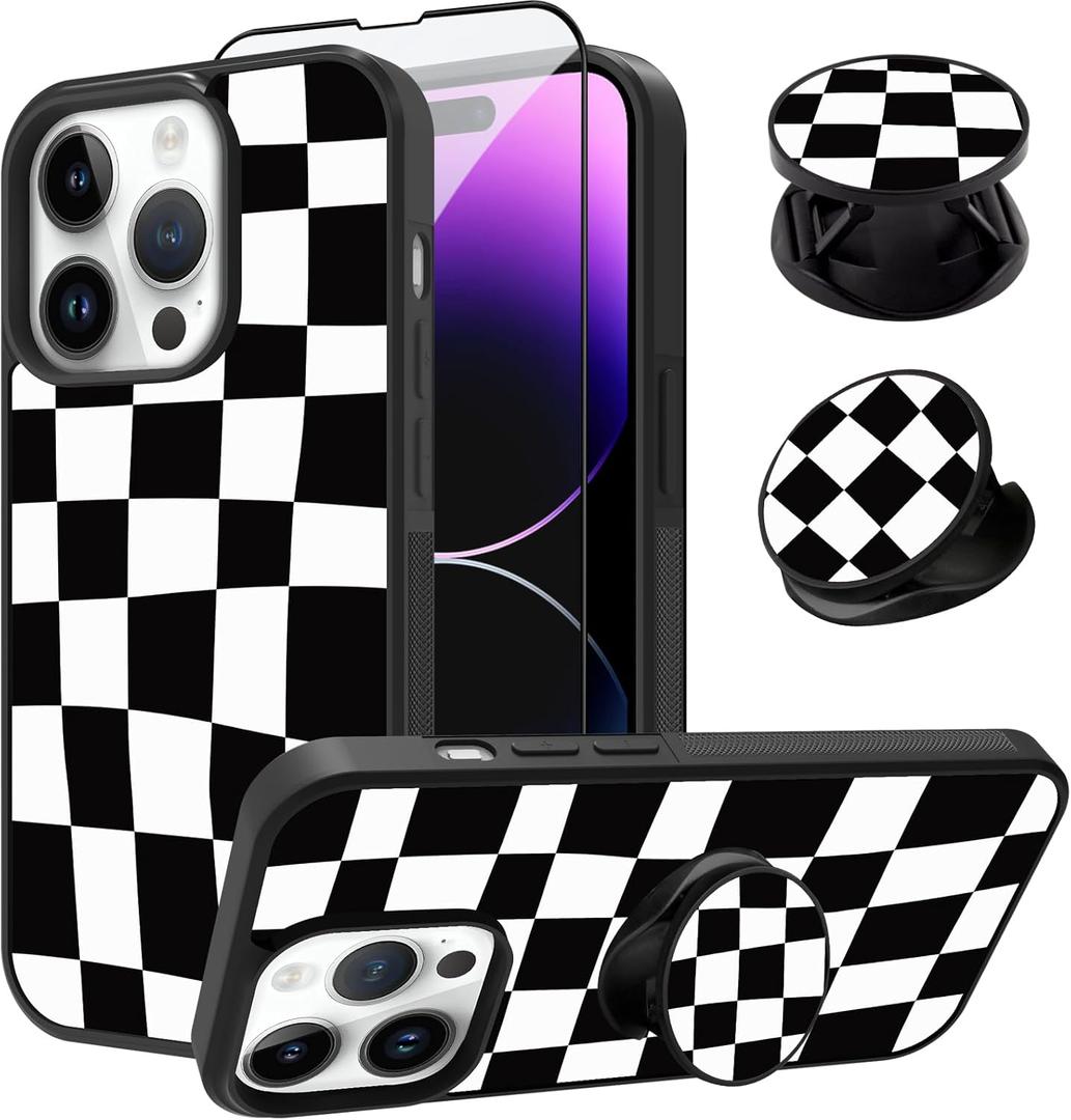 SAKUULO Compatible with iPhone 14 Pro Case, [Screen Protector + Kickstand] Plaid Checkered Aesthetic Cute Design,Tire Texture Anti-Slip Shockproof Ultra Thin Protective Case 6.1inch