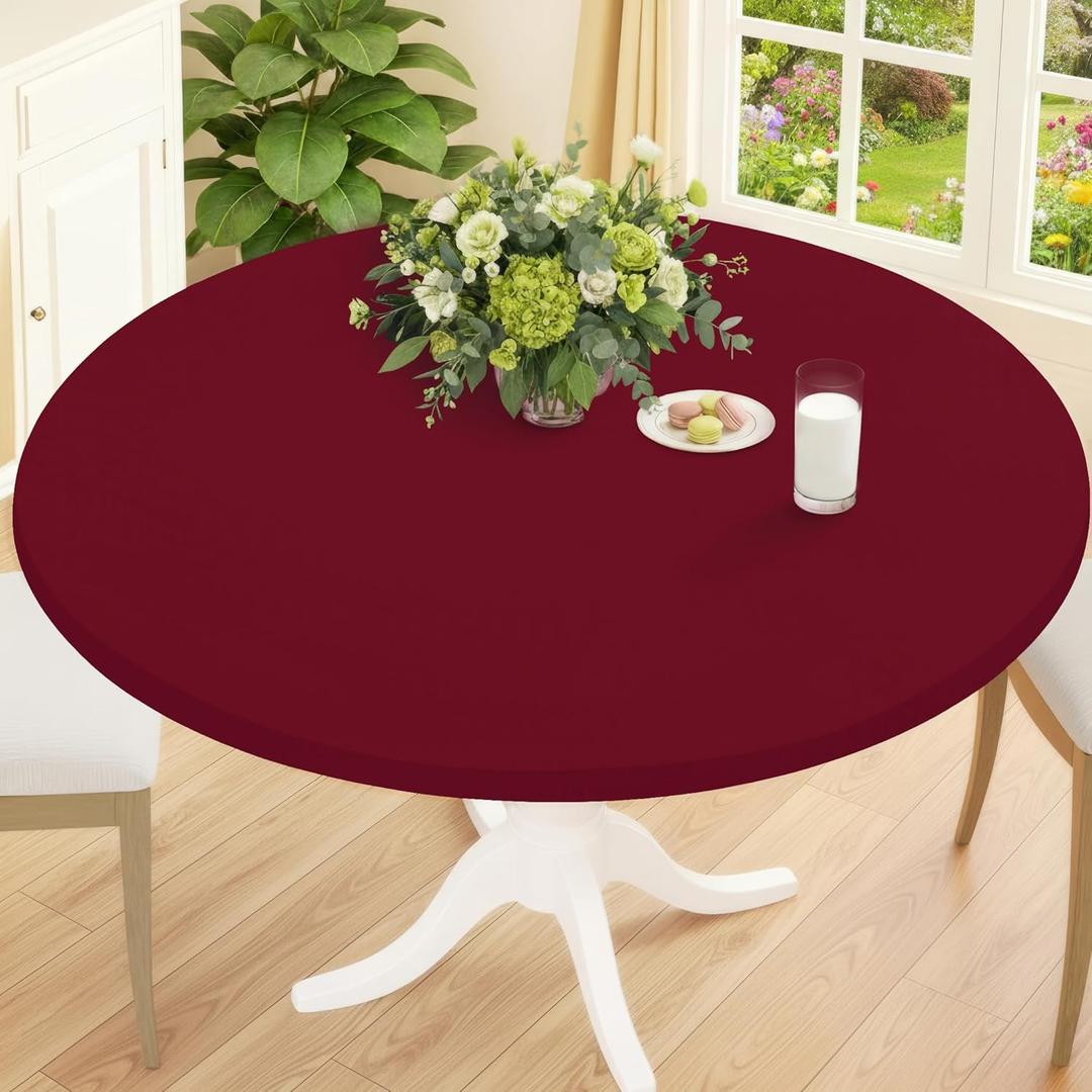 Smiry Round Spandex Tablecloth, Elastic Fitted Washable Tablecloths for 45"-56" Tables, Waterpoof Stretch Picnic Table Cover for Dining, Indoor and Outdoor, Wine Red
