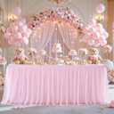 8ft Pink Tulle Tablecloths for Rectangle Tables 8 Foot Baby Pink Table Cloth Rectangular Wrinkle Free Stretch Spandex Table Cover with Skirt for Baby Shower Girls Birthday Party Banquet Buffet Cake (96" x 30" (8FT - 1 Pack))