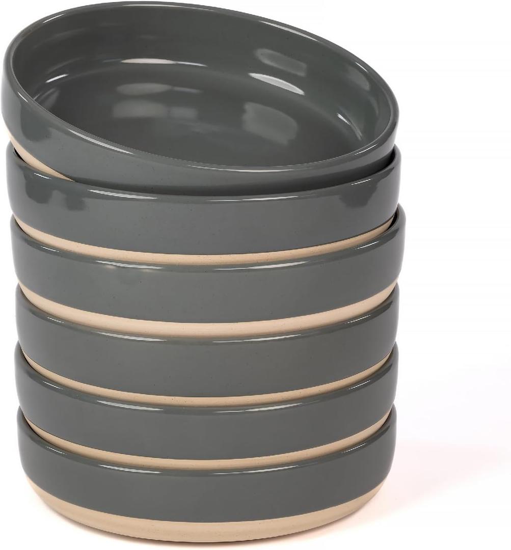 OTAGO 8" Stoneware Salad and Pasta Bowls Set of 6 with Partially Unglazed Base, Scratch Resistant Ceramic Dish Set, Microwave & Dishwasher Safe，Brown, 6 Pieces