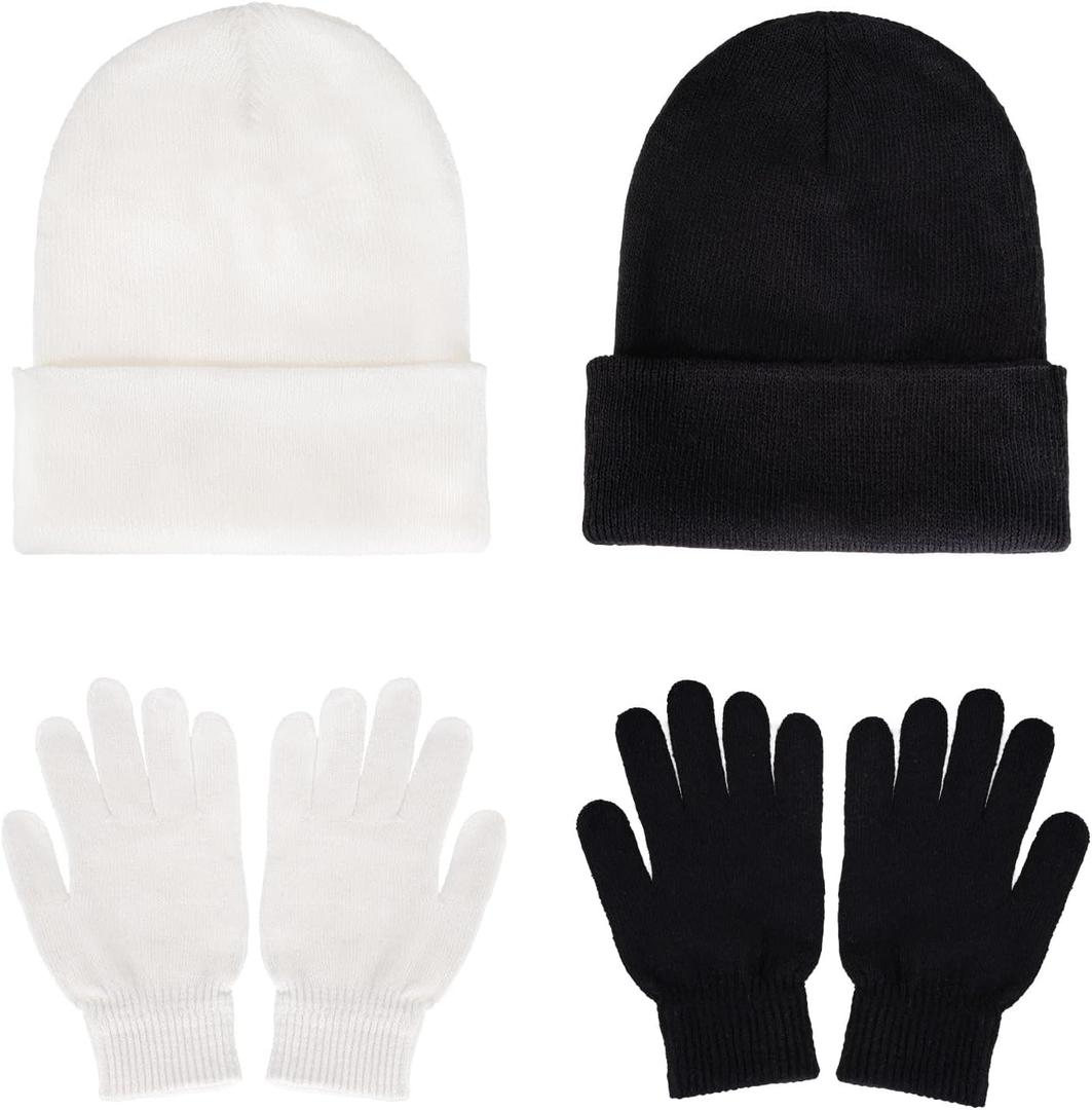 baotongle 2 Set Winter Knitted Cuff Beanies Gloves Set Acrylic Warm Skull Cap Cuff Hat Classic Gloves for Men Women