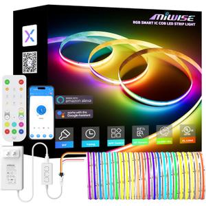 MIWISE RGB Smart IC COB LED Strip Light,32.8ft Color Chasing Flexible LED Tape Light,WS2811 Addressable RGB Strip with APP Control/Music Mode,Work with Alexa/Google,for Home DIY Lighting Projects