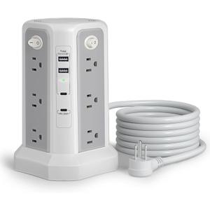 Long Extension Cord 10FT 1625W|13A with Multiple Outlets, Surge Protector Power Strip Tower with 4 USB(2 USB C) Ports, Flat Plug 1800J Overload Protection for Home Office DormRoom Essentials