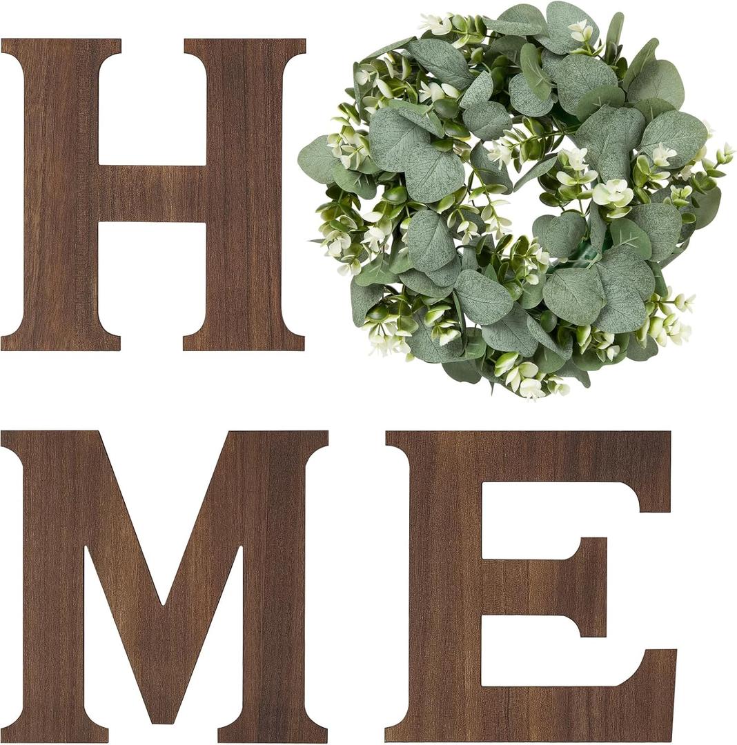 Mkono Farmhouse Wall Home Sign with Artificial Eucalyptus for O Rustic Wooden Hanging Letters Decorative Wall Art Decor for Living Room Kitchen Entryway Housewarming Gift, Brown (10"L x 9.8"W)