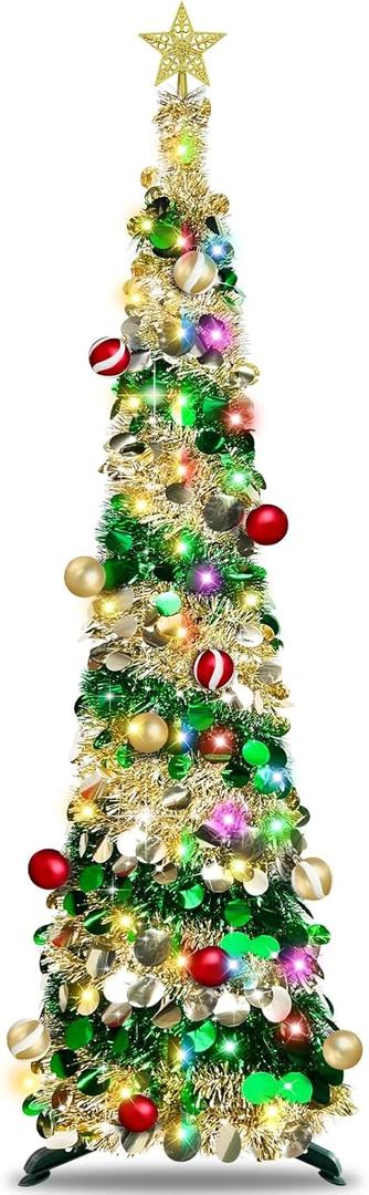 [Timer & 8 Modes] 6 Ft Lighted Slim Christmas Tree Happy New Year 2025 with 100 Warm White & Multicolor Changing Lights Battery Powered Big 3D Star,Tinsel Pop Up Holiday Decoration (Champagne Gold Green)