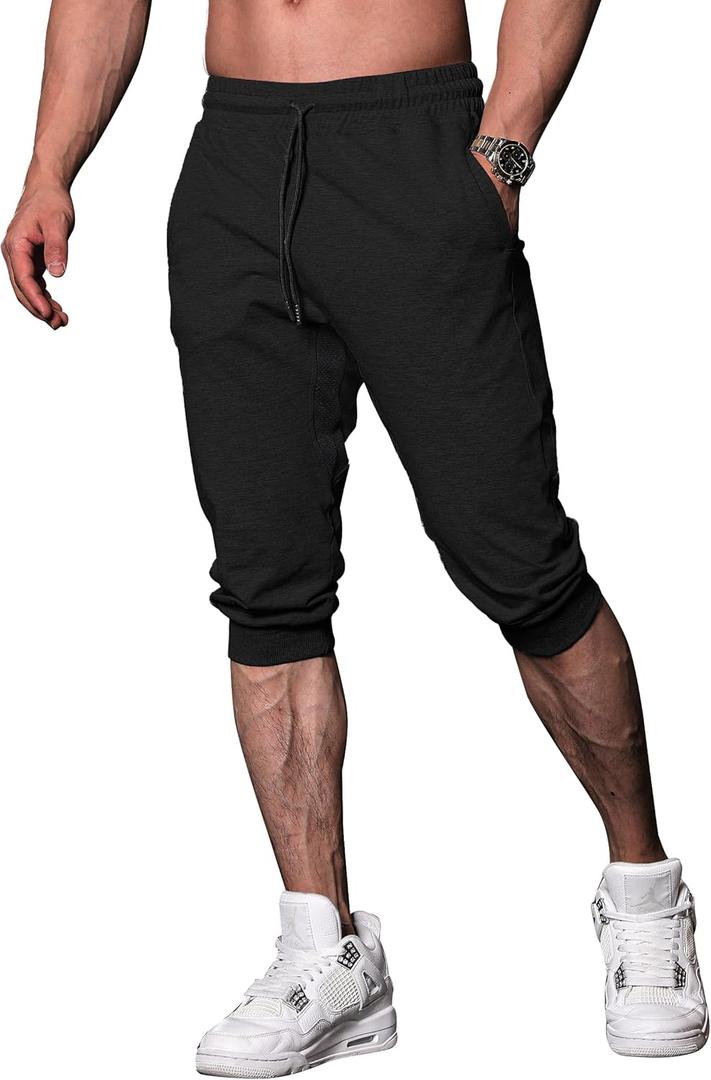FIRSTGYM Mens Workout 3/4 Jogger Pants Tapered Fit Sweatpants Casual Joggers (Medium, Black)
