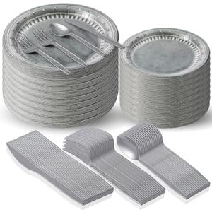 25 Set Silver Medieval Party Supplies Knight Festive Castle Party Tableware Accessories Pirate Birthday Party Disposable Paper Pewter Tableware Set Paper Plates Forks Spoons Knives