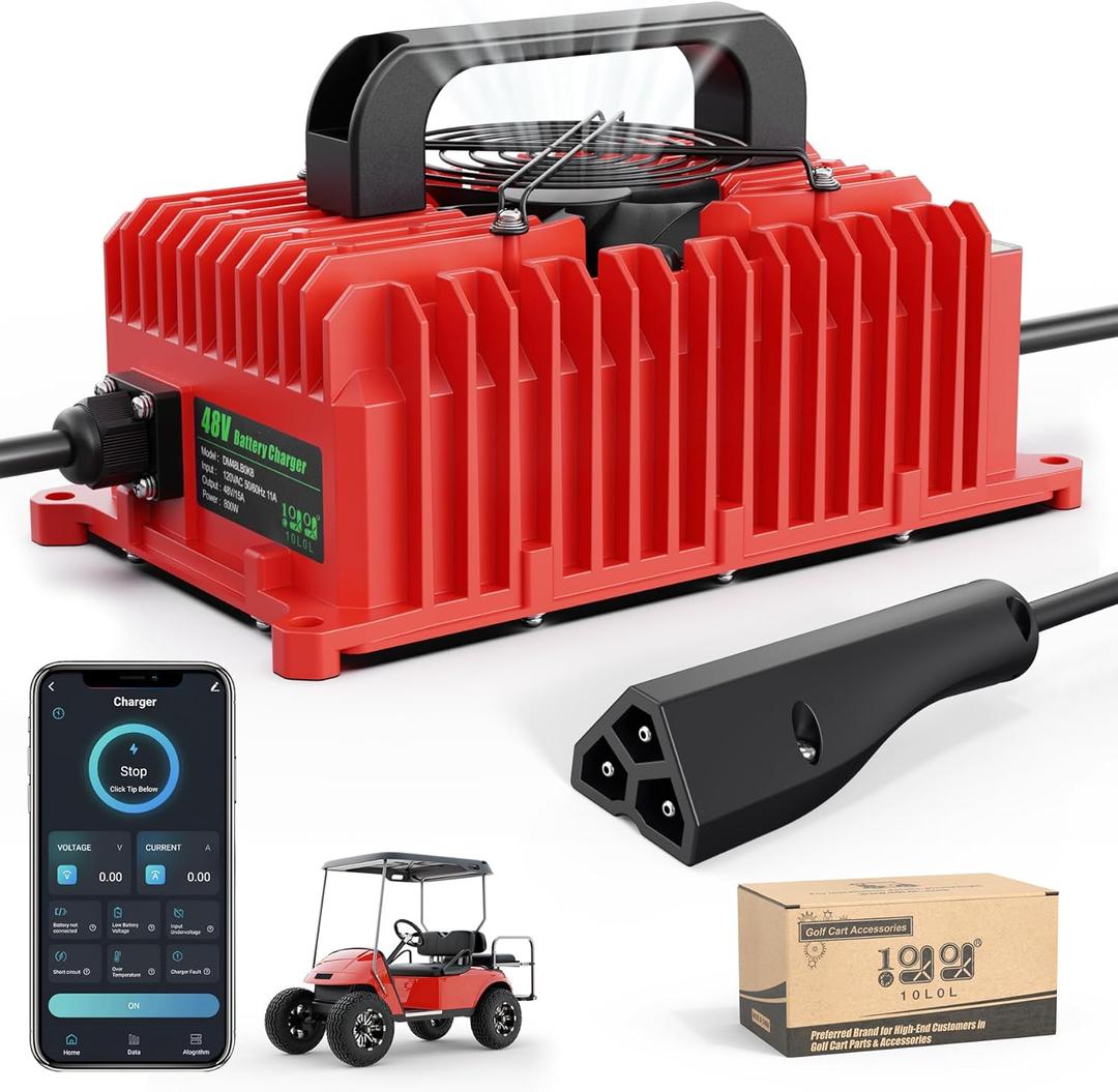 10L0L 15 Amp 48 Volt Golf Cart Charger for EZGO RXV & TXT, Smart Golf Cart Battery Charger, 3 Battery Types Support, Battery Repair, Automatic Power Recharge, IP67 Waterproof, 3-pin Triangular Plug (Red)