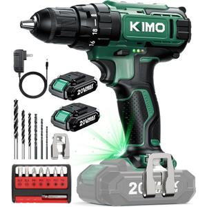 KIMO 20V Cordless Drill Set with 2 Packs 2.0Ah Battery, Max 350 In-lb Torque, 1350 RPM, 3/8" Keyless Chuck, 18+2 Clutch Setting, 18pcs Accessories, Power Drill for Drilling Wood Bricks Walls Metal