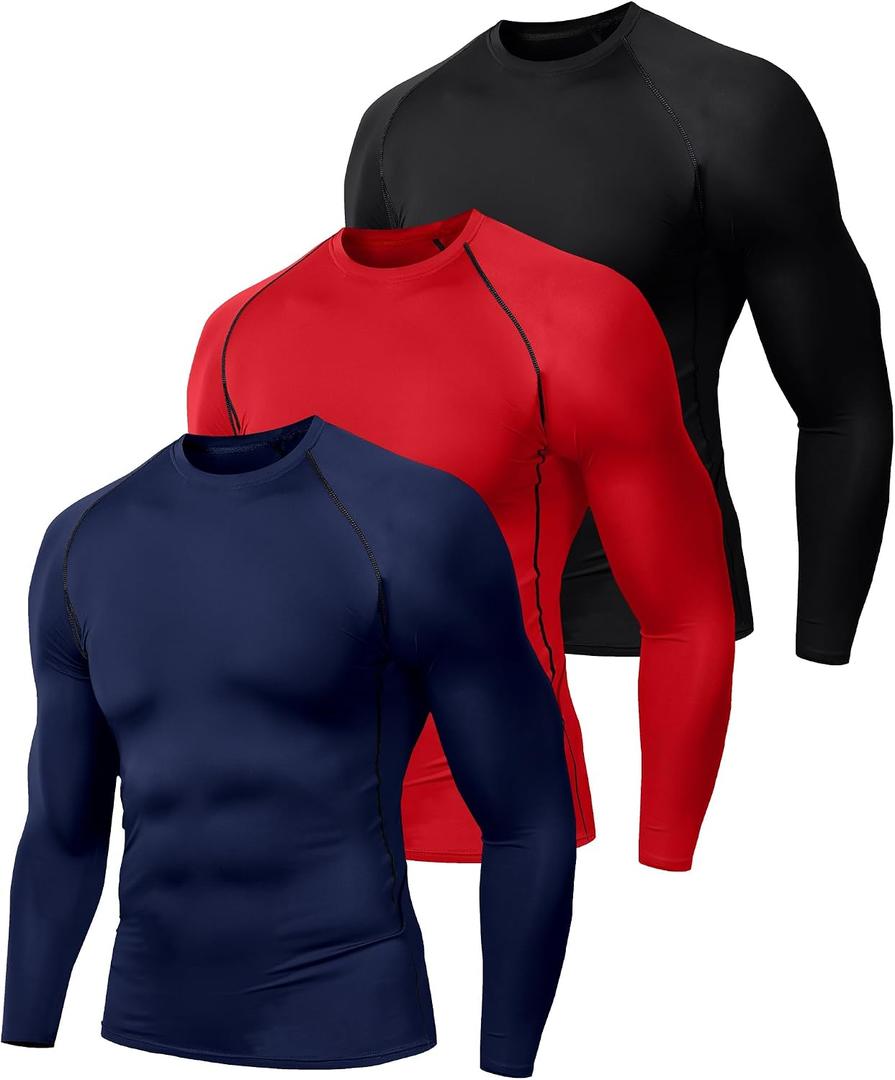 Men's (Pack of 3 or 5) Cool Dry Compression Long Sleeve Sports Baselayer T-Shirts Tops (L)
