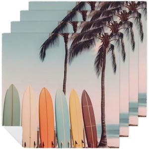 Surfboard Palm Tree Funny Cloth Napkins Reusable Dinner Tablecloth Decor for Restaurant Wedding Party 19 X 19 Inch (4 PCS)