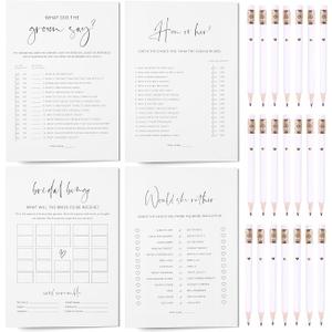 Bridal Shower Games Bundle - 5 Bridal Shower Games and Pencils for 30 Guests, Double-Sided Cards, Minimalist