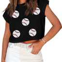 Baseball Shirts Women Baseball Mom Shirt Sparkle Baseball Sequin Graphic Tee Game Day Gift Casual Short Sleeve Crop Tops (Medium, Black)