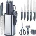 RAXCO 10-Piece Kitchen Knife Set | Stainless Steel Holder | Compact Design - Gray (Damascus)