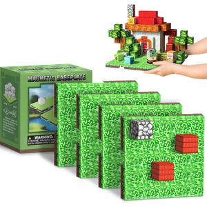 Magnetic Blocks Baseplate - Magnet Toys for Kids, 4PCS Baseplate for Minecraft Magnetic Building Blocks Placing 4" x 4", STEM Toys Birthday Gifts for Boys Girls Age 3+ Years Old, Grassland