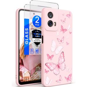 Yucenx for Motorola Moto G 5G 2024 6.6 inch Case, Girls Women Florals Liquid Silicone Phone Case, Shockproof Anti-Scratch Soft Protection Case with 2X Screen Protectors for Moto G 5G 2024 (Pink)