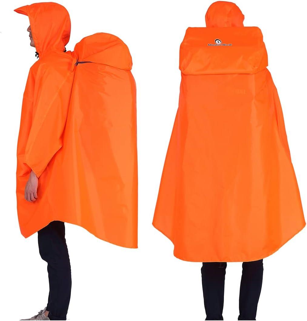 Adventure World Globotrekker Backpack Poncho Lightweight Waterproof Rain Poncho for Hiking, Camping, Travel & Outdoor Use (One Size, Amber Orange)