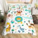 Cartoon Jungle Animals Bedding Set Twin Size Kids Safari Zoo Animals Duvet Covers Lion Tiger Monkey Giraffe Quilt Cover for Boys Girls Teens Child Toddler Comforter Cover for All Seasons