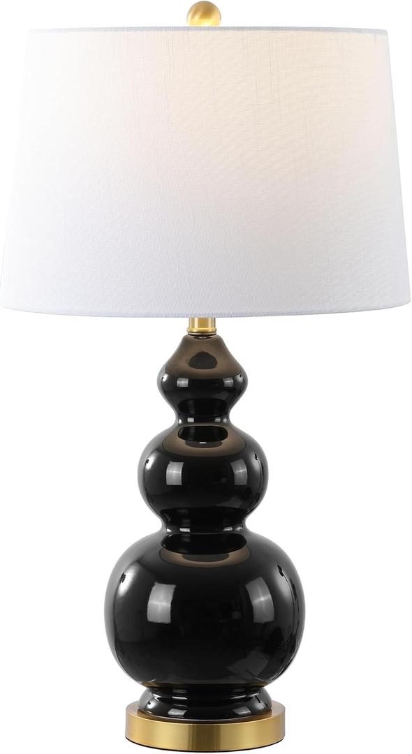 JONATHAN Y Bowen 27.5" Ceramic Triple Gourd Table Lamp, Black/Brass Gold | Contemporary, White Linen Drum Shade, Modern Transitional Style, Metal Base, LED Bulb Included