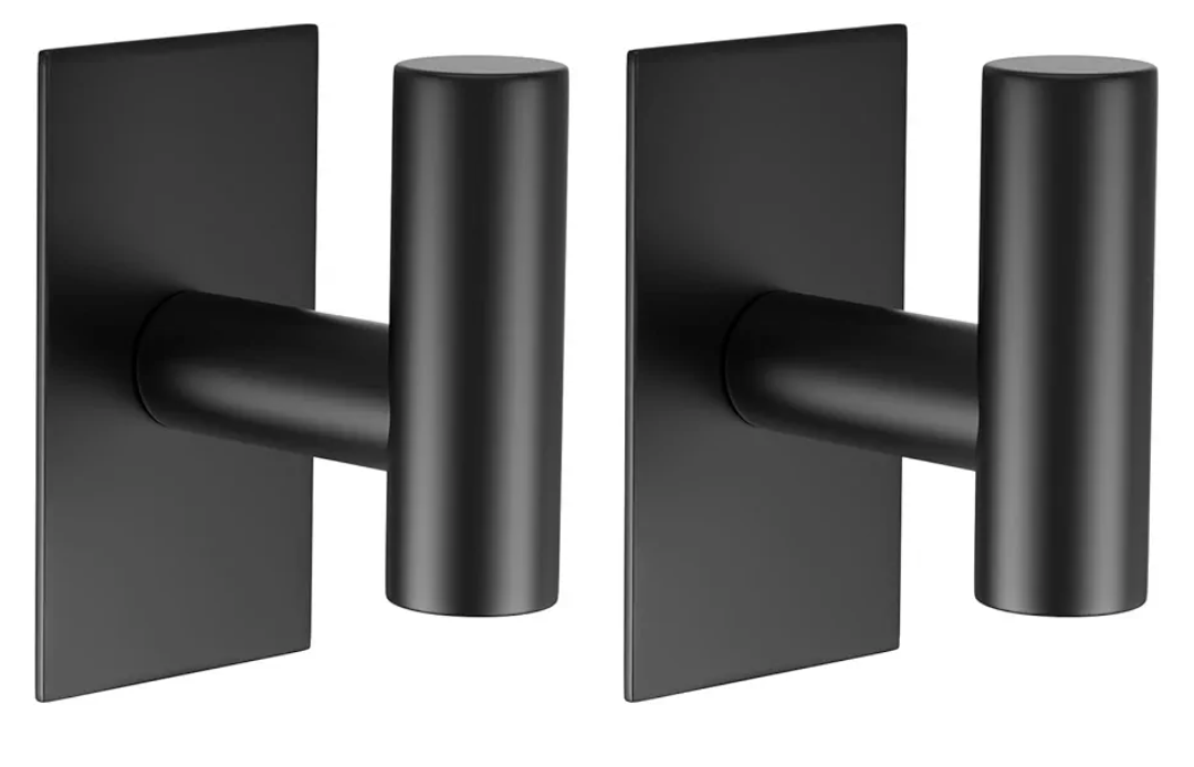 VAEHOLD Wall Towel Hooks, Heavy Duty Sticky Holder Waterproof Towel Hooks for Hanging Coat, Clothes, Closet Hook Wall Mount for Kitchen (Black, 2 Pack)Stuck together