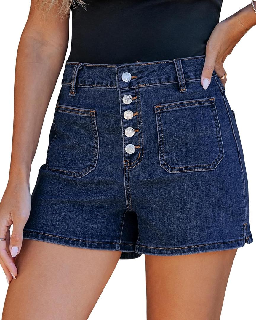 luvamia Jean Shorts Womens High Waisted Trendy Button Fly Patch Pocket Side Split Casual Summer Stretchy Denim Shorts (Blue)
