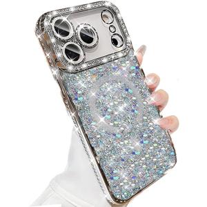 Magnetic Glitter Case for iPhone 17 Pro Max, Compatible with Magsafe Luxury Glitter Sparkly Rhinestone Diamonds Soft TPU Shockproof Slim Cover Girly Women Case for iPhone 17 Pro Max, Silver
