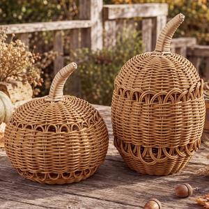 Wonderjune 2 Pcs Outdoor Large Fall Rattan Pumpkin Decoration