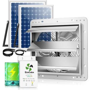 12" Solar Exhaust Fan for Greenhouse with Battery and Adjustable Thermostat, Attic Fans for Garage and Shed with 2PCS 30W Bifacial Solar Panels