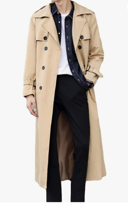 Pantete Men's Double Breasted Trench Coat Oversized Casual Windbreaker Lapel Long Jacket Overcoat, Khaki, 3XL